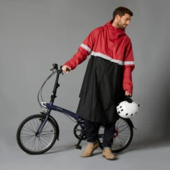 BTWIN PONCHO PLUIE VISIBILITE NUIT VELO VILLE 540 NOIR ROUGE -Vélo route Magasin poncho pluie visibilite nuit velo ville 540 noir rouge 3